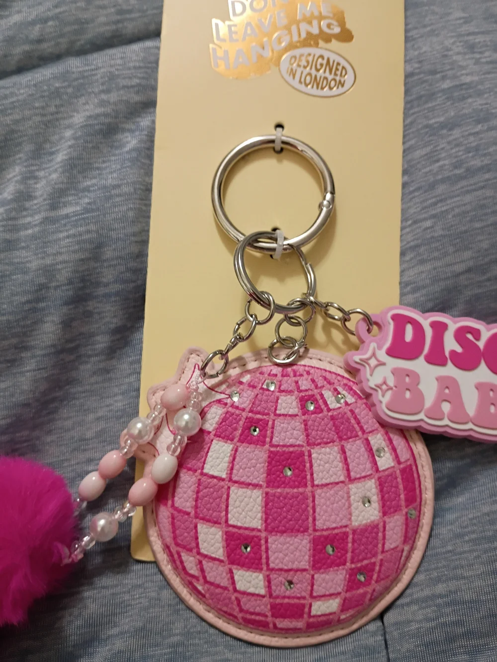 DISCO BABY Pink Pom Pom Keychain Charm